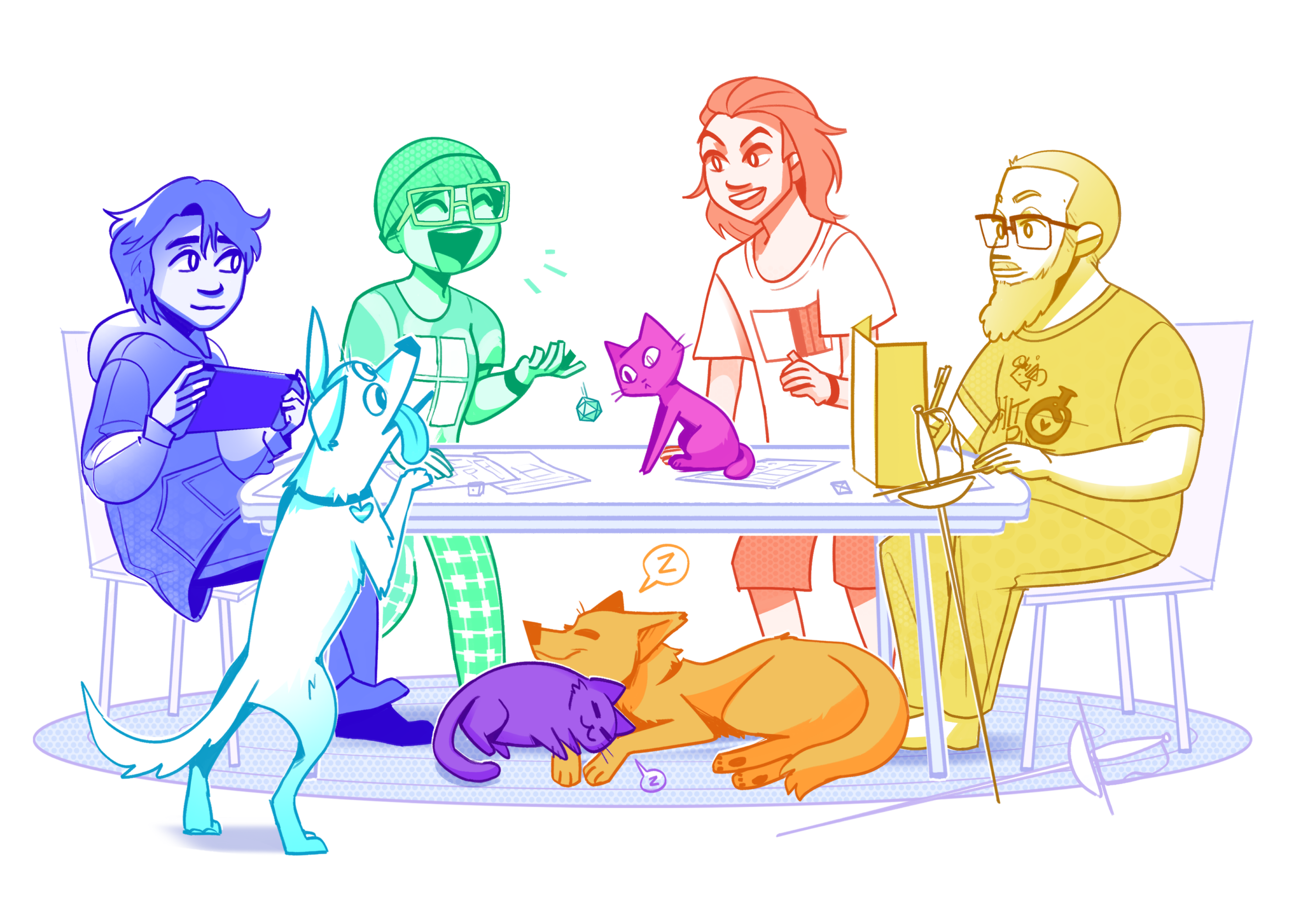 An illustration of a family enjoying a game of Dungeons & Dragons, complete with cats and dogs.